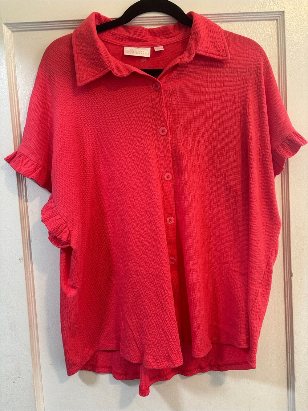 Belle by Kim Gravel Vibrant Coral Button-Front Ruffle Sleeve Top